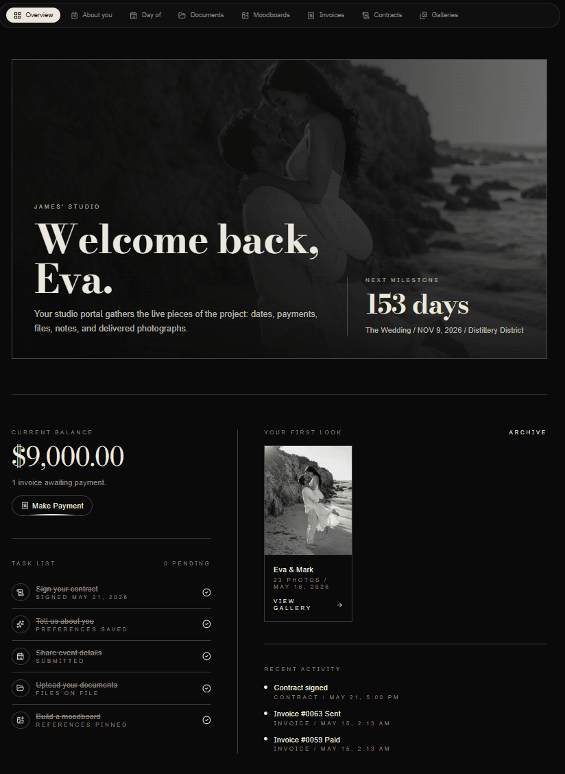 Zaiya Atrium product preview showing a client welcome, tasks, gallery and recent activity