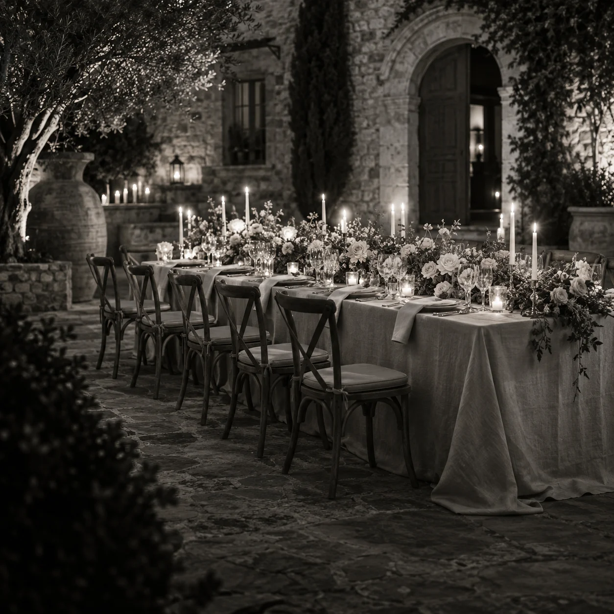 A candlelit wedding table with flowers in a stone courtyard