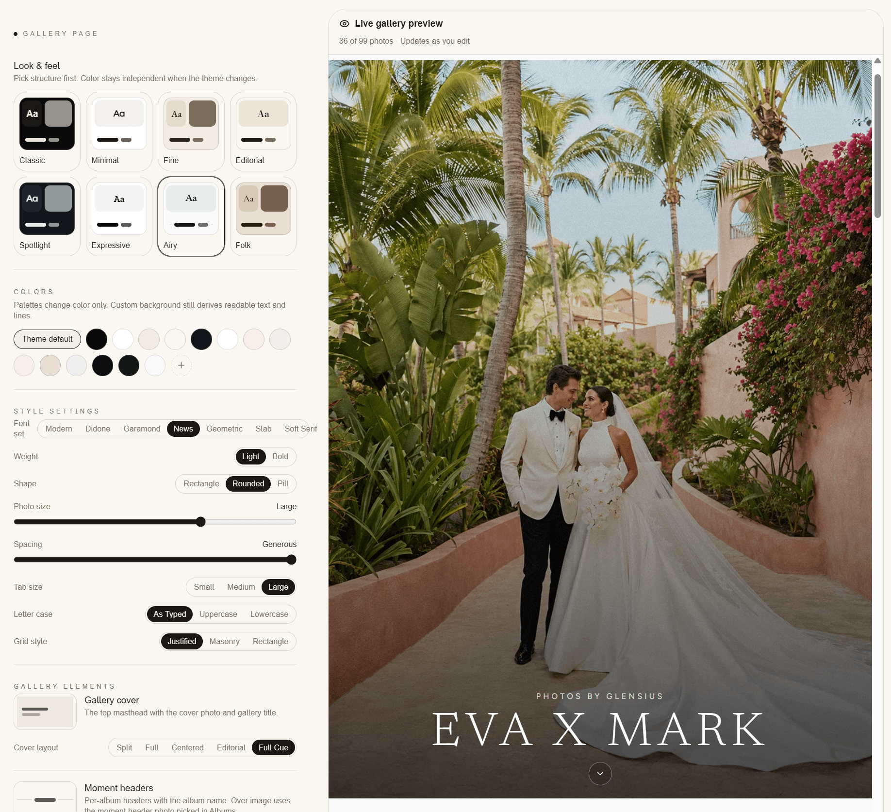 Zaiya gallery design studio with theme, color, typography, spacing, and layout controls beside a live wedding gallery preview.