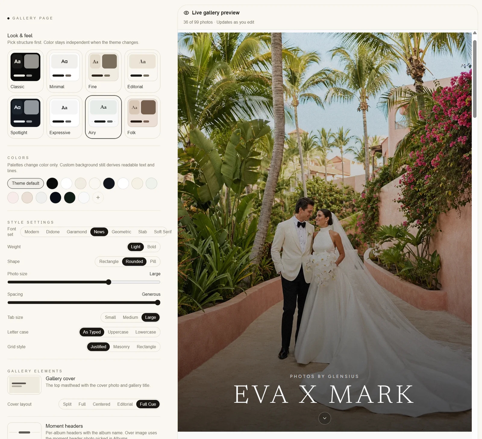Zaiya gallery customization screen with theme, color, typography, spacing, grid and cover layout controls beside a live wedding gallery preview