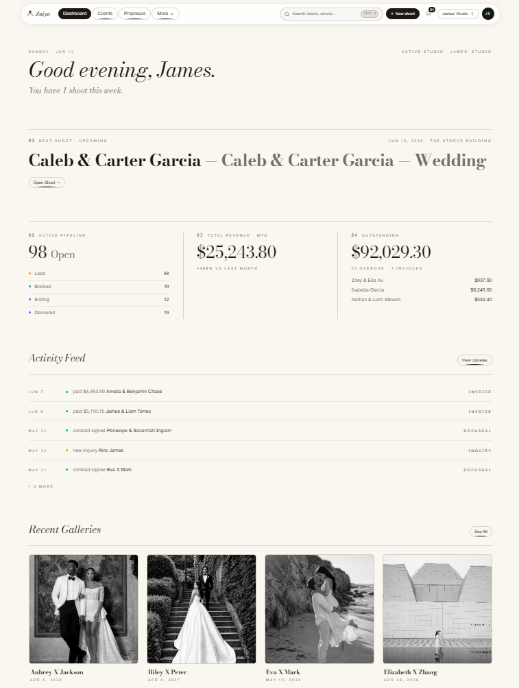Zaiya studio dashboard with upcoming shoot, activity feed, revenue, and recent galleries.